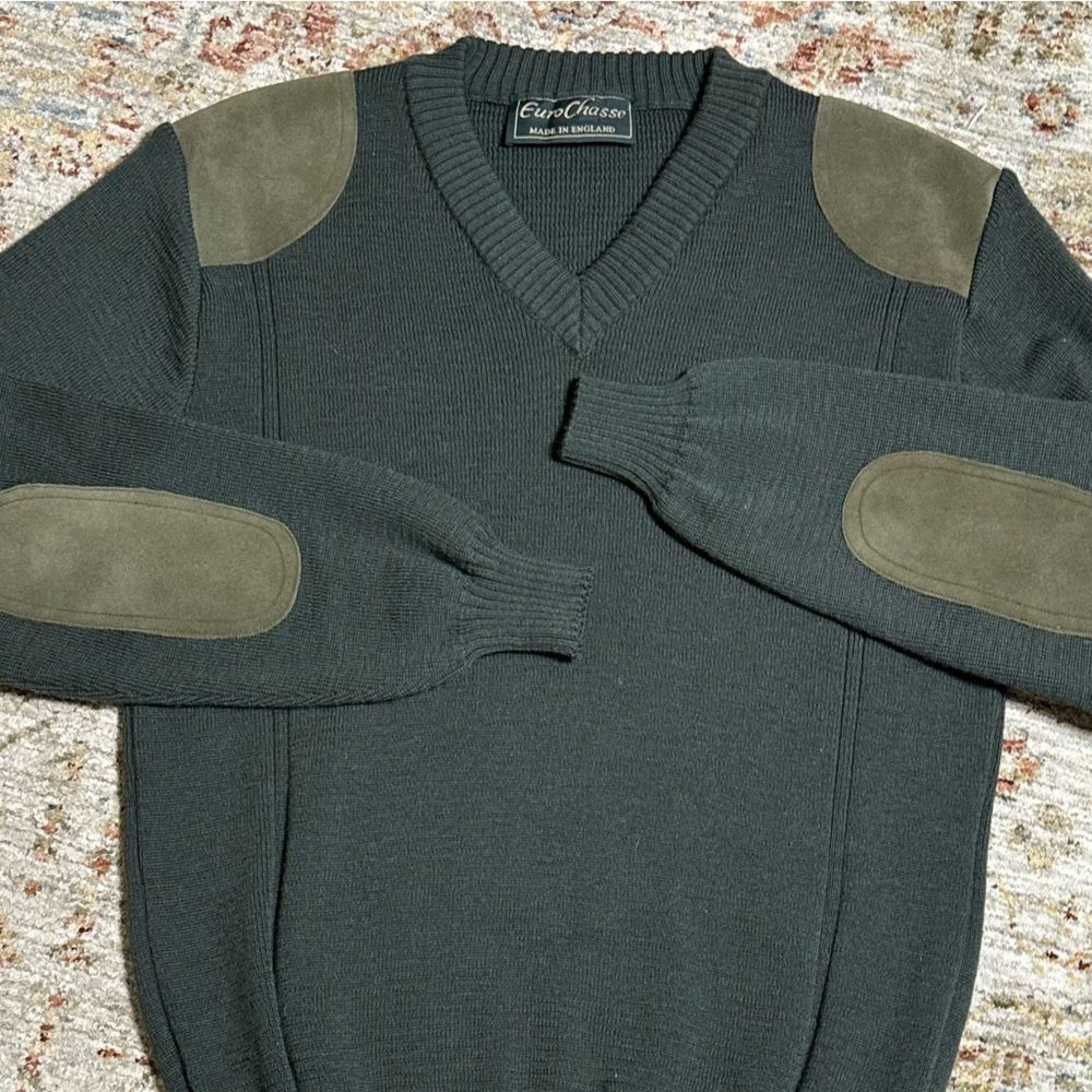 Mens Euro Chasse Pure New Wool Sweater Suede Shoulder Elbow Patches Sz Medium